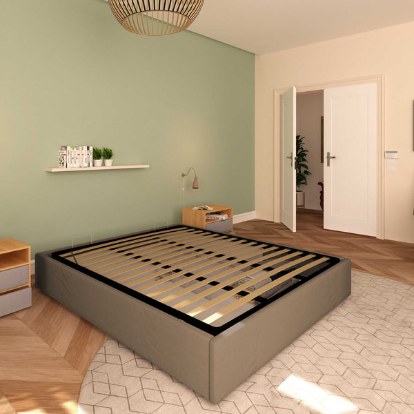 Baldiflex letto contenitore king size queen size senza testata in ecopelle Cloe grigio talpa da sinistra