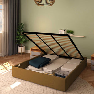 Baldiflex letto contenitore king size queen size senza testata in ecopelle Cloe nocciola da destra con rete alzata