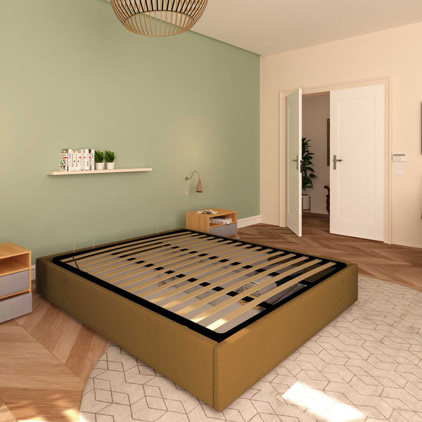 Baldiflex letto contenitore king size queen size senza testata in ecopelle Cloe nocciola da sinistra