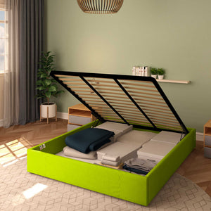 Baldiflex letto contenitore king size queen size senza testata in ecopelle Cloe verde mela da destra con rete alzata
