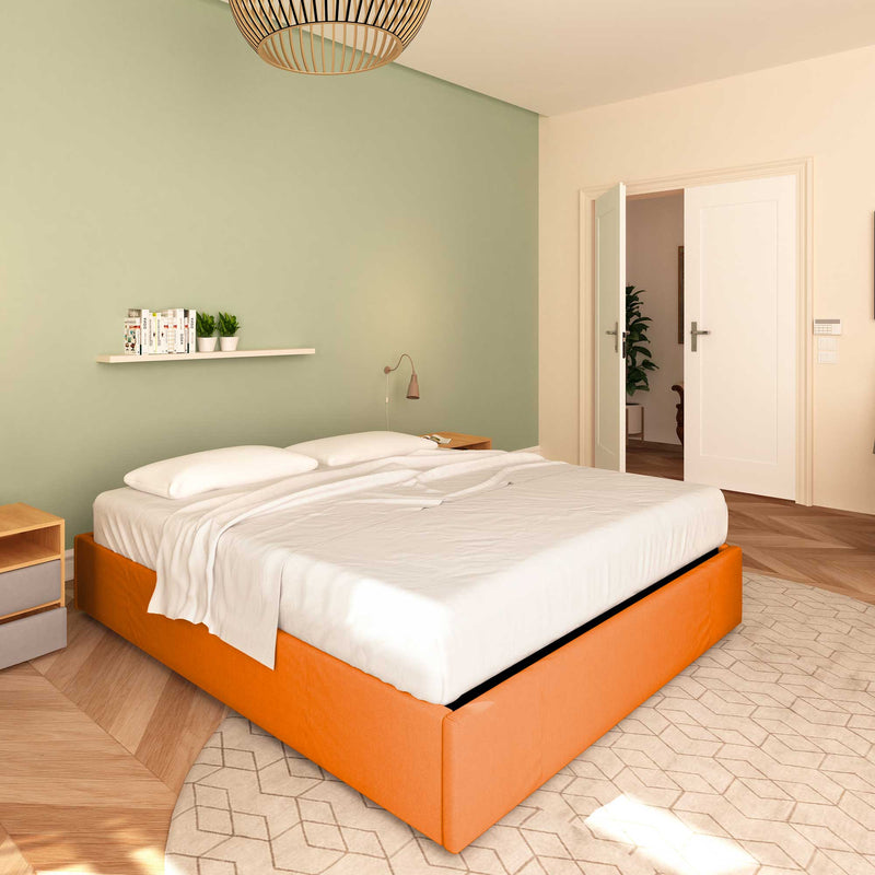 Baldiflex letto contenitore piazza e mezza senza testata in ecopelle Cloe arancione da sinistra con materasso