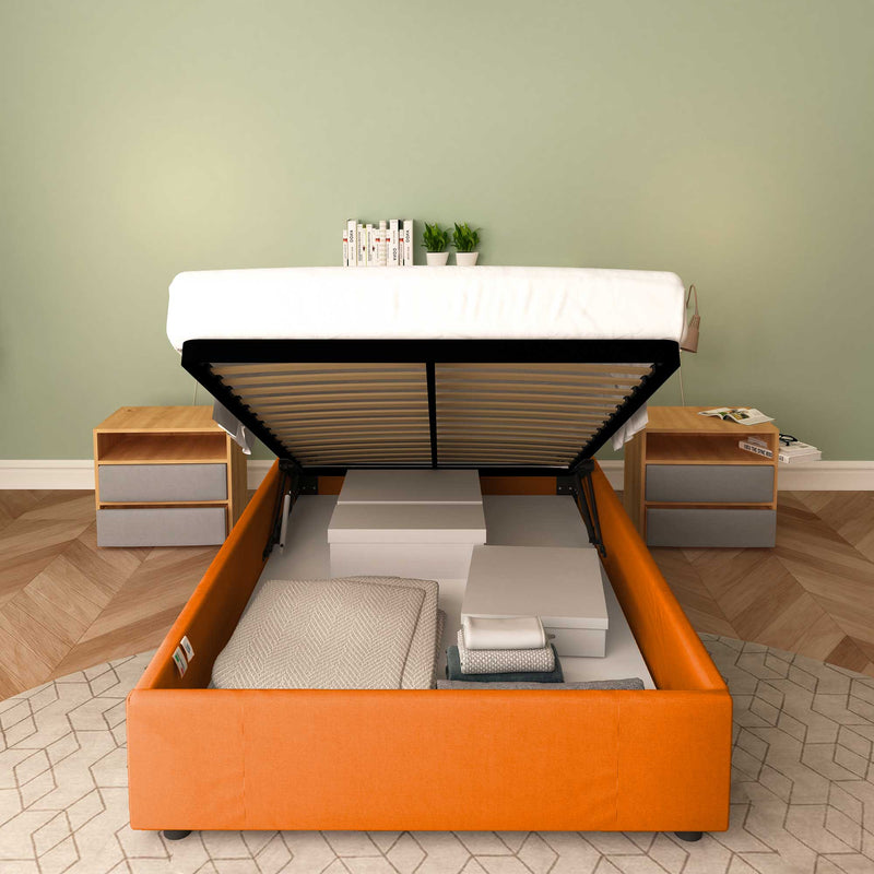 Baldiflex letto contenitore piazza e mezza senza testata in ecopelle Cloe arancione frontale con materasso