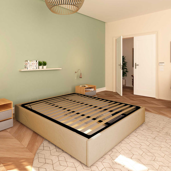 Baldiflex letto contenitore piazza e mezza senza testata in ecopelle Cloe beige da sinistra