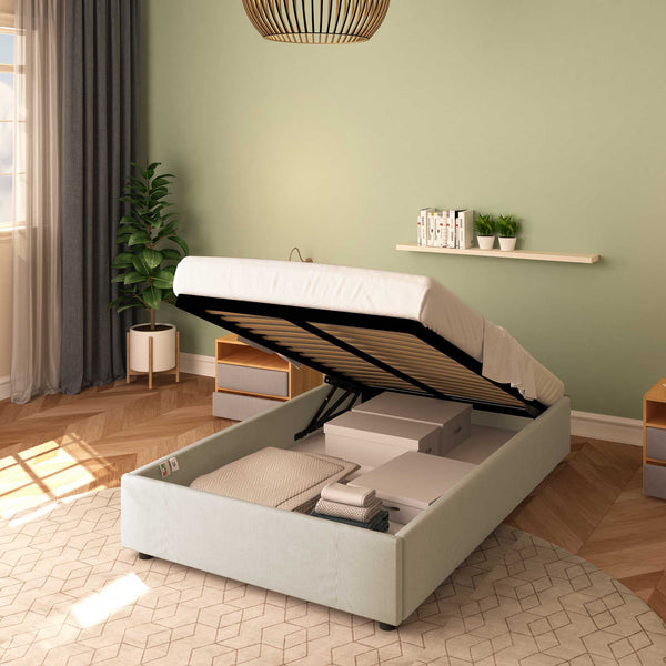 Baldiflex letto contenitore piazza e mezza senza testata in ecopelle Cloe beige chiaro da destra con rete alzata