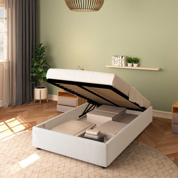 Baldiflex letto contenitore piazza e mezza senza testata in ecopelle Cloe bianco da destra con rete alzata