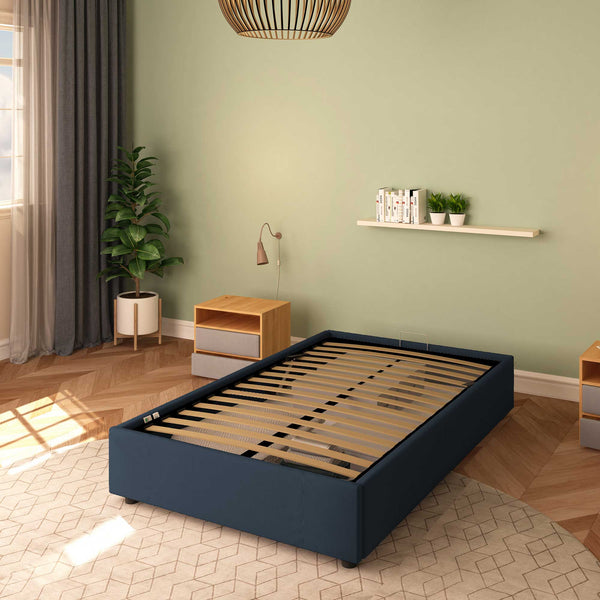 Baldiflex letto contenitore piazza e mezza senza testata in ecopelle Cloe blu notte da destra