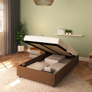 Baldiflex letto contenitore piazza e mezza senza testata in ecopelle Cloe caffè da destra con materasso