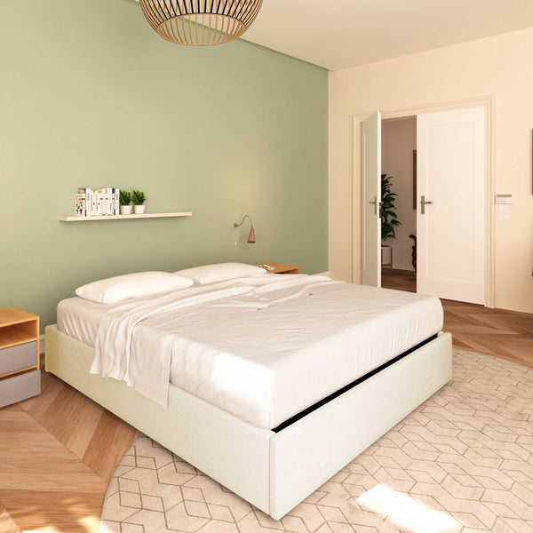 Baldiflex letto contenitore piazza e mezza senza testata in ecopelle Cloe crema da sinistra con materasso