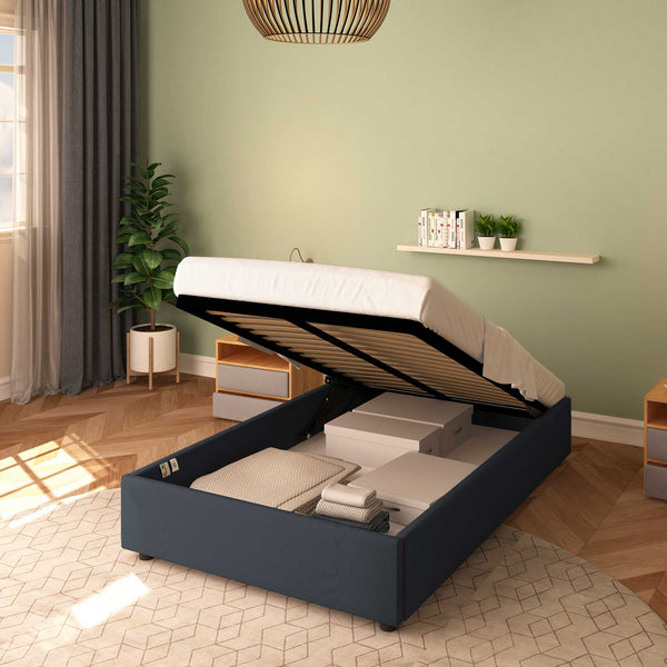 Baldiflex letto contenitore piazza e mezza senza testata in ecopelle Cloe grigio scuro da destra con materasso