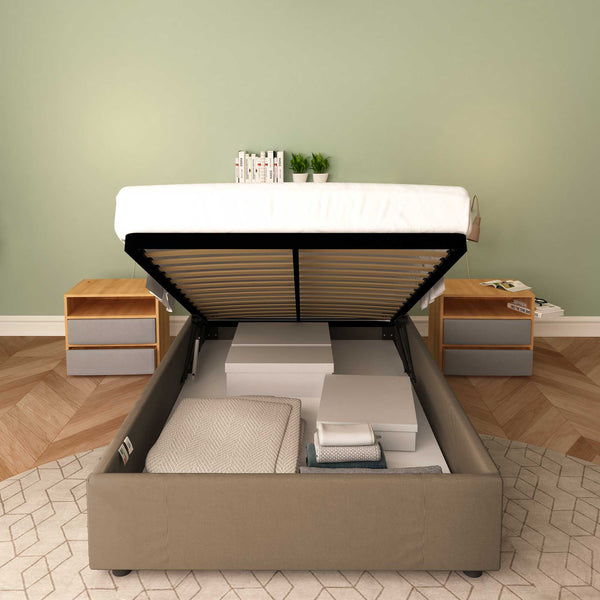 Baldiflex letto contenitore piazza e mezza senza testata in ecopelle Cloe grigio talpa frontale con rete alzata