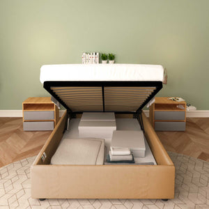 Baldiflex letto contenitore piazza e mezza senza testata in ecopelle Cloe marrone chiaro frontale con rete alzata