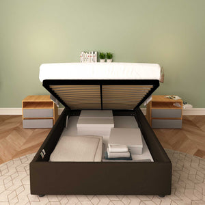 Baldiflex letto contenitore piazza e mezza senza testata in ecopelle Cloe marrone scuro frontale con rete alzata