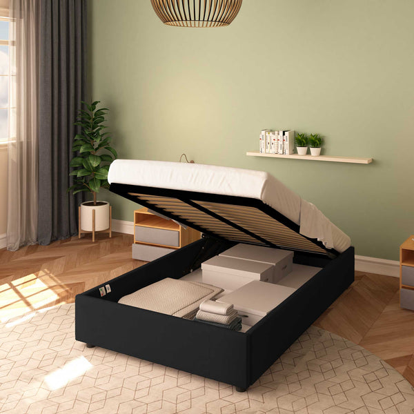 Baldiflex letto contenitore piazza e mezza senza testata in ecopelle Cloe nero da destra con rete alzata