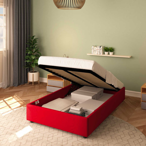 Baldiflex letto contenitore piazza e mezza senza testata in ecopelle Cloe rosso da destra con rete alzata