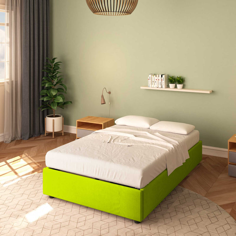 Baldiflex letto contenitore piazza e mezza senza testata in ecopelle Cloe verde mela da destra con materasso
