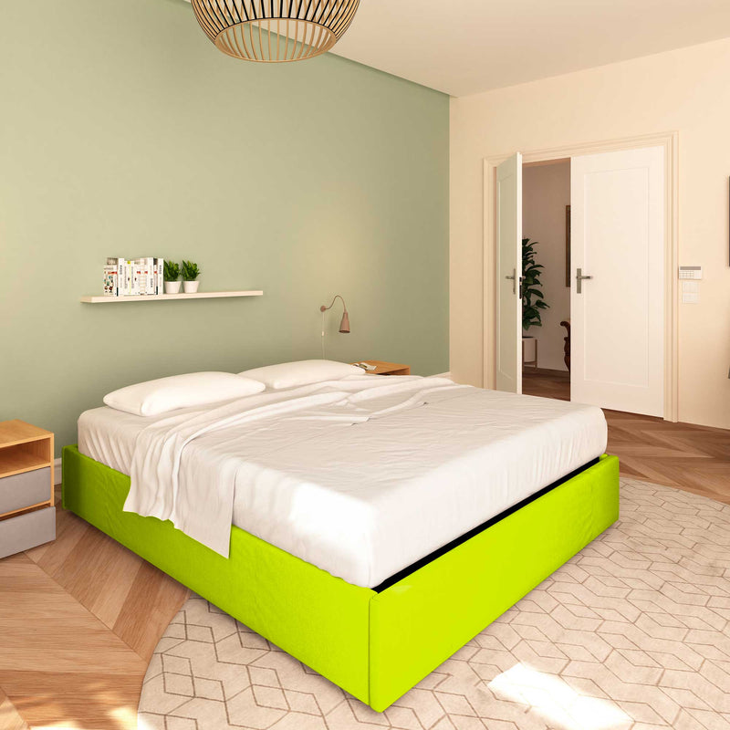 Baldiflex letto contenitore piazza e mezza senza testata in ecopelle Cloe verde mela da sinistra con materasso
