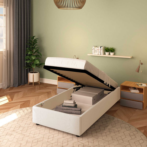 Baldiflex letto contenitore singolo senza testata in ecopelle Cloe bianco da destra rete alzata