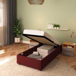 Baldiflex letto contenitore singolo senza testata in ecopelle Cloe bordeaux da destra rete alzata