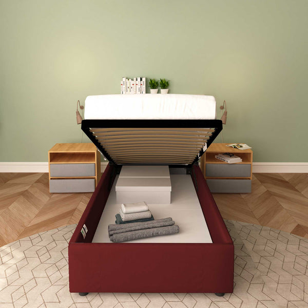Baldiflex letto contenitore singolo senza testata in ecopelle Cloe bordeaux frontale rete alzata