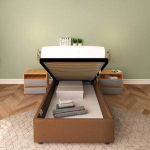 Baldiflex letto contenitore singolo senza testata in ecopelle Cloe caffè frontale rete alzata