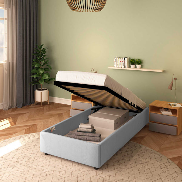 Baldiflex letto contenitore singolo senza testata in ecopelle Cloe grigio chiaro da destra rete alzata