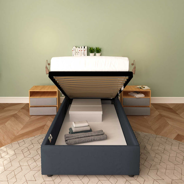 Baldiflex letto contenitore singolo senza testata in ecopelle Cloe grigio scuro frontale rete alzata