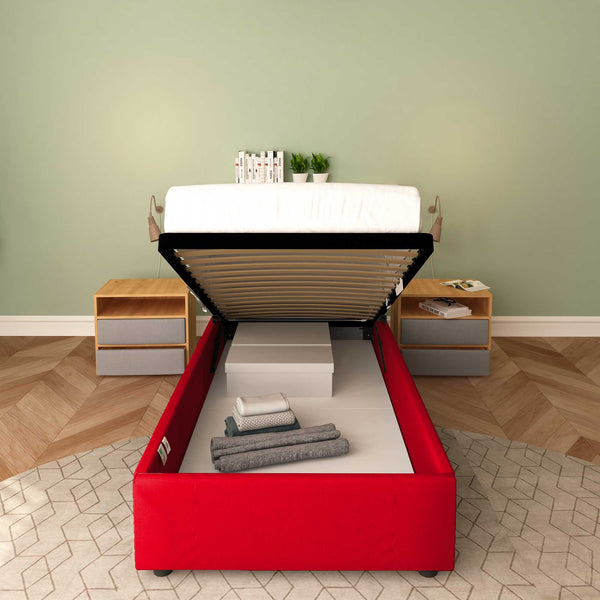 Baldiflex letto contenitore singolo senza testata in ecopelle Cloe rosso frontale rete alzata