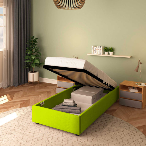 Baldiflex letto contenitore singolo senza testata in ecopelle Cloe verde mela da destra rete alzata