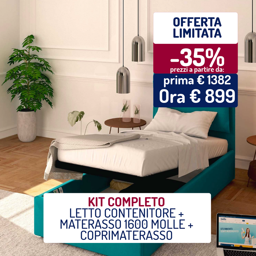 Letto contenitore singolo Licia + Materasso Bros 1600 molle + Coprimaterasso