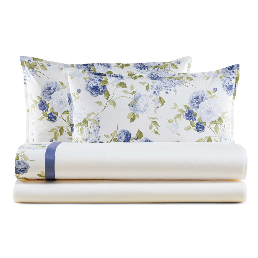 Baldiflex completo letto in percalle cotone stampato Leila Eko con lenzuola e federe blu