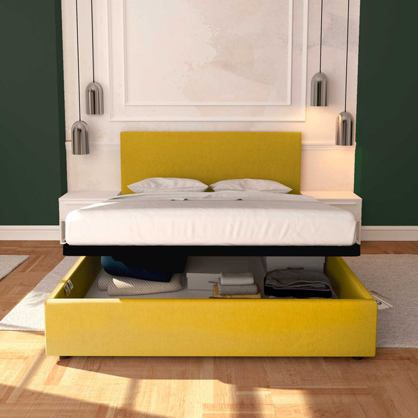 Baldiflex letto contenitore king size in tessuto sfoderabile Rossano senape