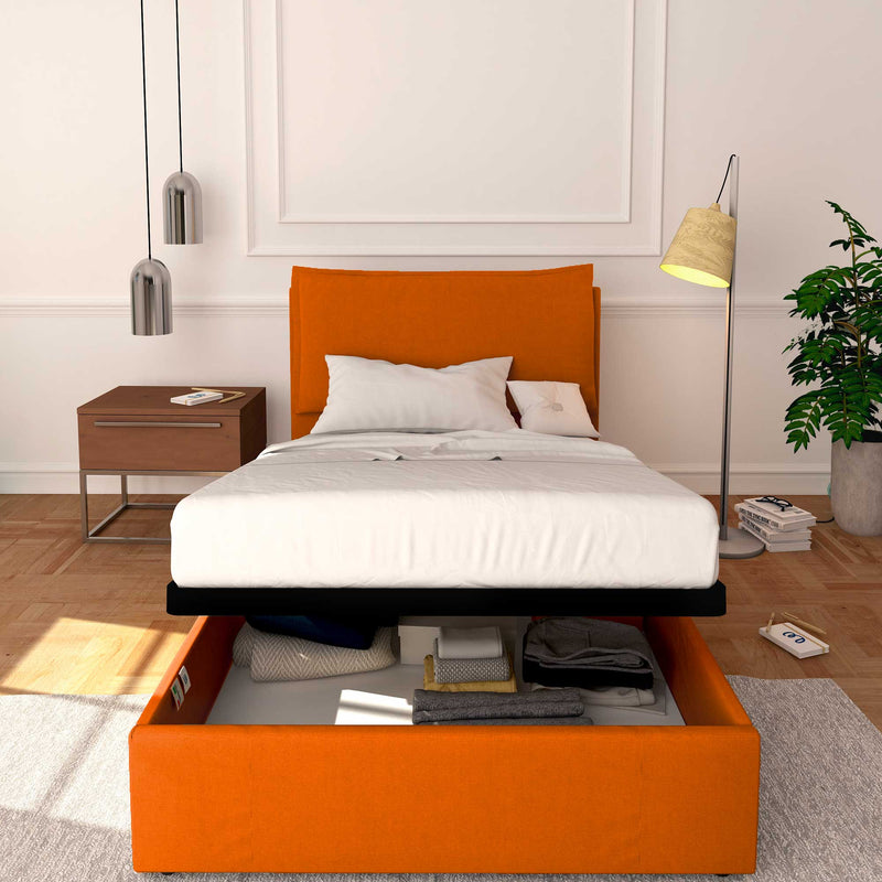 Baldiflex letto contenitore a una piazza e mezzo in ecopelle sfoderabile Licia arancione