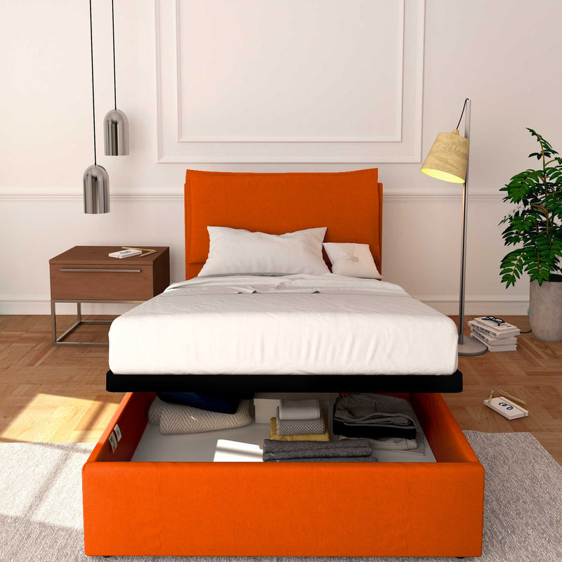 Baldiflex letto contenitore a una piazza e mezzo in tessuto sfoderabile Licia arancione