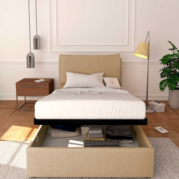 Baldiflex letto contenitore a una piazza e mezzo in tessuto sfoderabile Licia cammello