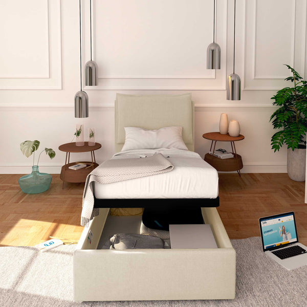 Baldiflex letto contenitore singolo in ecopelle sfoderabile Licia beige chiaro