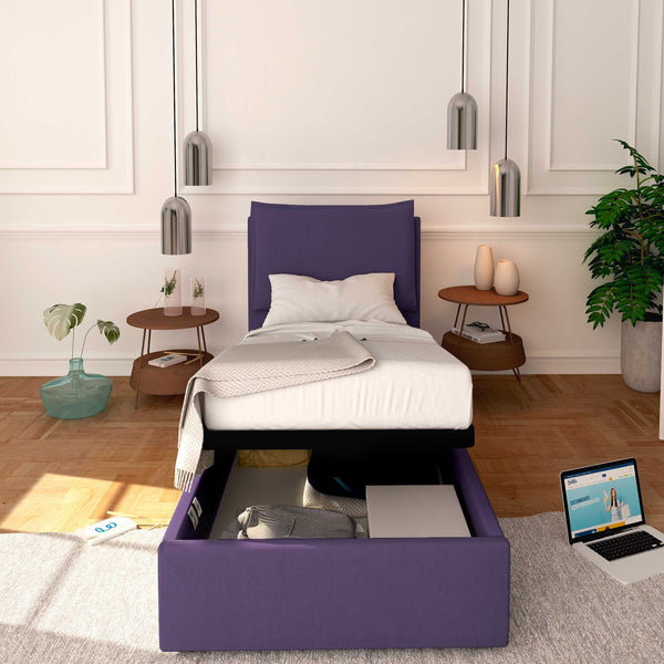 Baldiflex letto contenitore singolo in tessuto sfoderabile Licia viola