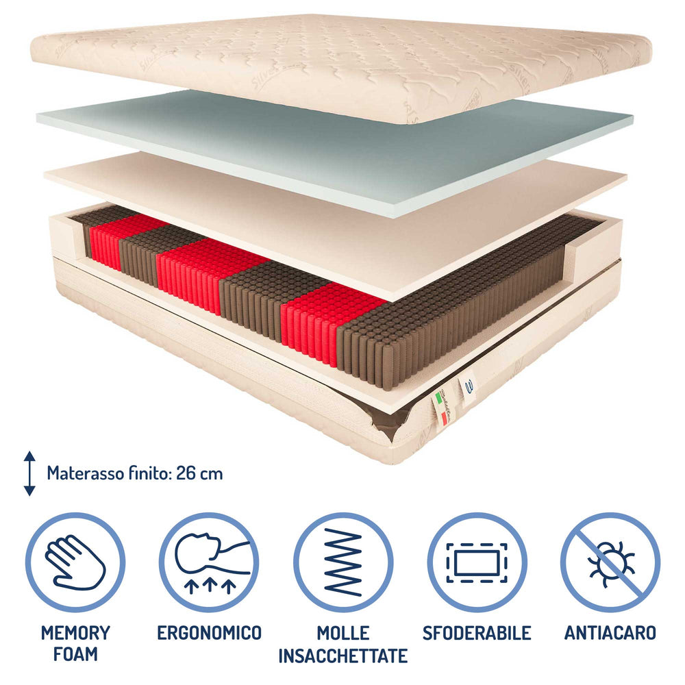 Materasso a 3000 molle insacchettate in memory Baldiflex alto 26 cm