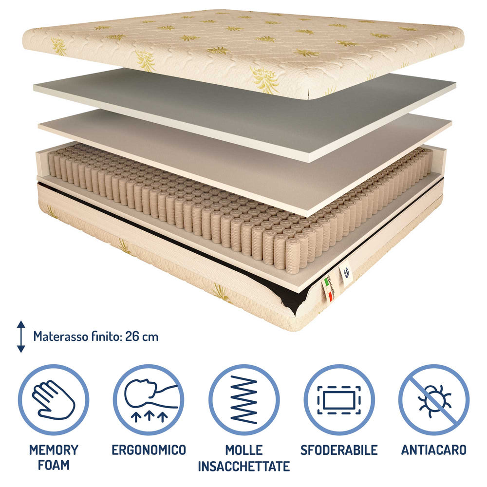 Materasso a 700 molle insacchettate e memory Baldiflex alto 26 cm