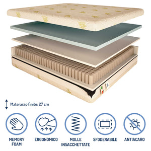 Materasso a 700 molle insacchettate in memory Baldiflex alto 27 cm composizione