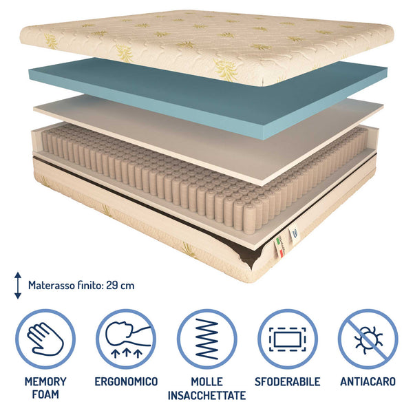 Materasso a 700 molle insacchettate in memory Baldiflex alto 29 cm composizione