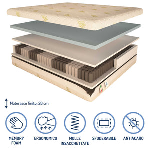 Materasso a 800 molle insacchettate in memory Baldiflex alto 28 cm composizione