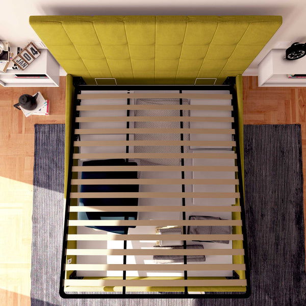 Letto contenitore king size in tessuto giallo senape Baldiflex Dublino alto