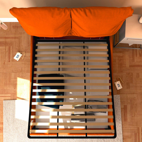 Letto contenitore king size in tessuto sfoderabile arancione Baldiflex Licia Soft dall'alto