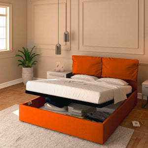 Letto contenitore king size in tessuto sfoderabile arancione Baldiflex Licia Soft 