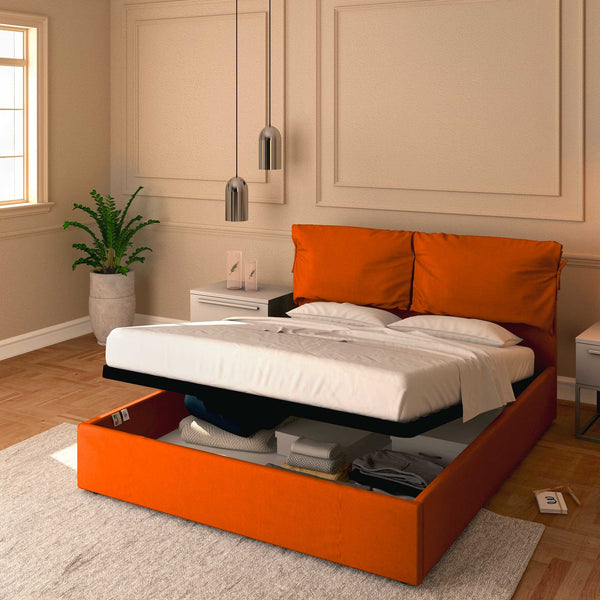 Letto contenitore king size in tessuto sfoderabile arancione Baldiflex Licia Soft 