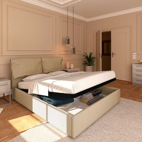 Letto contenitore king size in tessuto sfoderabile cammello Baldiflex Licia Soft lato