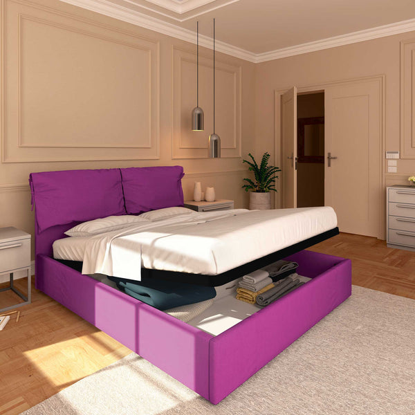 Letto contenitore king size in tessuto sfoderabile fucsia Baldiflex Licia Soft lato