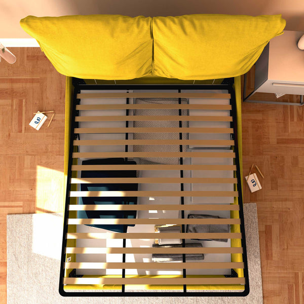 Letto contenitore king size in tessuto sfoderabile giallo senape Baldiflex Licia Soft dall'alto