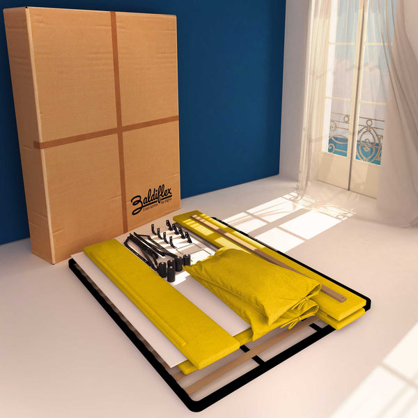 Letto contenitore king size in tessuto sfoderabile giallo senape Baldiflex Licia Soft cartone
