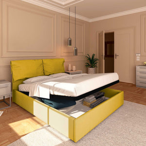 Letto contenitore king size in tessuto sfoderabile giallo senape Baldiflex Licia Soft lato
